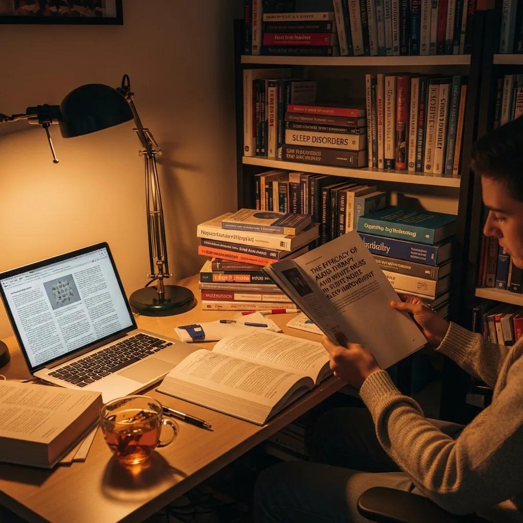 A person reading research on mental white noise and its clinical evidence for sleep improvement