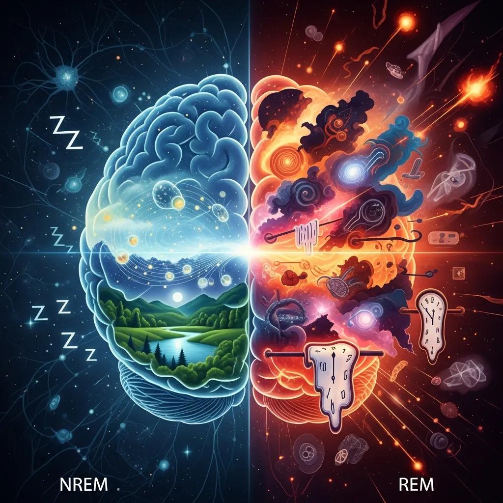 Diagram showing brain activity during NREM and REM sleep, highlighting restoration and memory processing