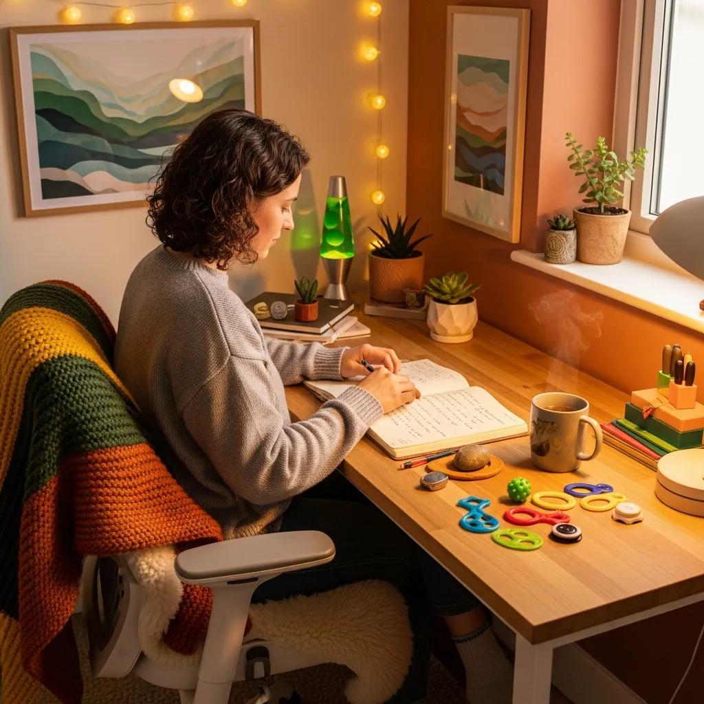 Neurodivergent individual using cognitive shuffling techniques in a supportive and calming environment