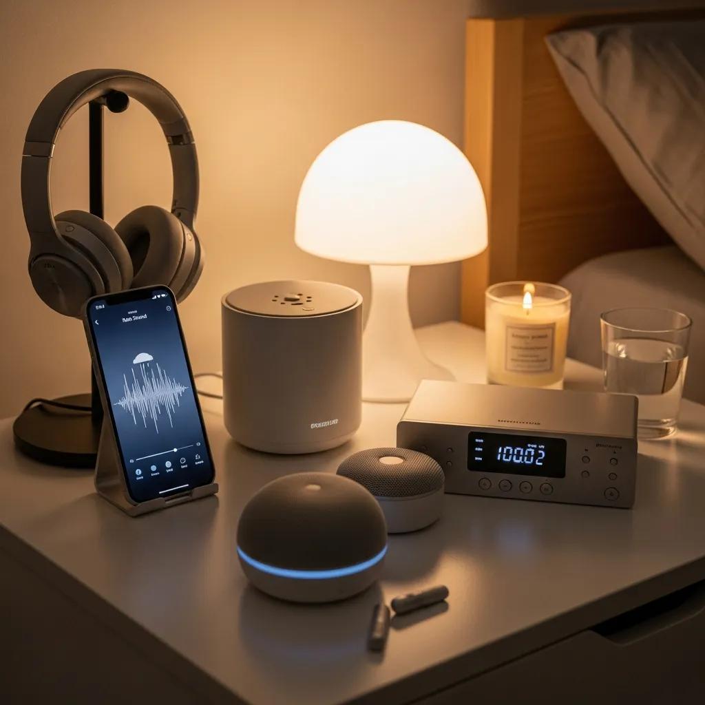 Various audio devices for sleep therapy, including sound machines and smartphones playing calming sounds