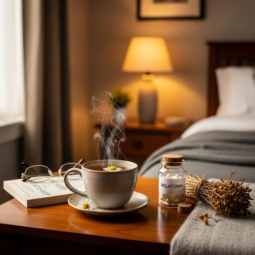 Bedside table with natural sleep aids like melatonin and chamomile tea