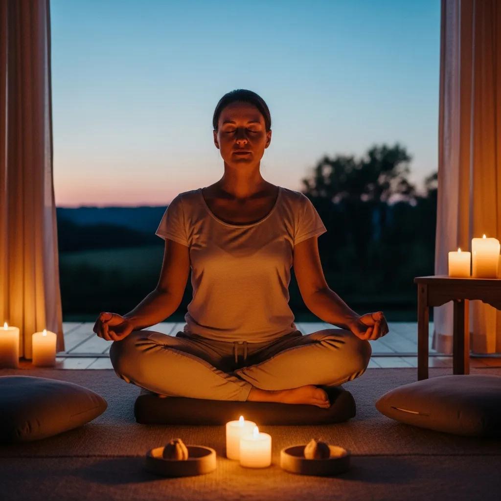 Person practicing a body-scan meditation in a calm, dimly lit room